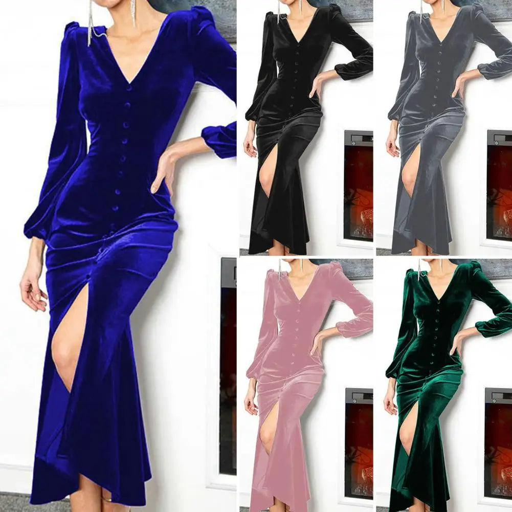 Evening Dresses- Luxurious Velvet Long Sleeve Maxi Dress for Year's End Festivities- - IndioGear Women Clothing