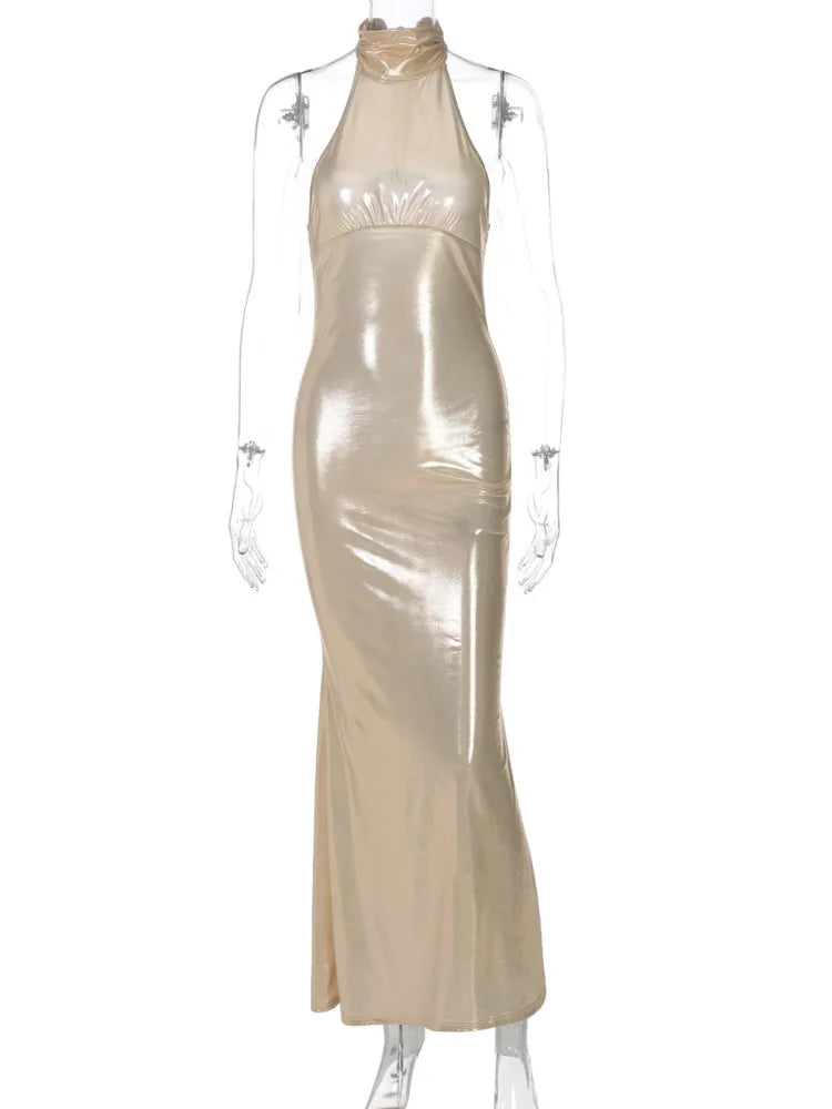 Evening Dresses- Metallic Sheen Halter Gown Elegant Evening Dress- - IndioGear Women Clothing