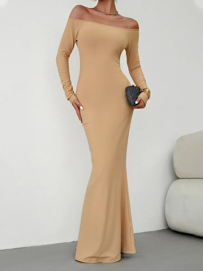 Evening Dresses- Off Shoulder Bodycon Mermaid Evening Dress - Full Length- Khaki- IndioGear.com