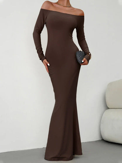 Evening Dresses- Off Shoulder Bodycon Mermaid Evening Dress - Full Length- Coffee- IndioGear.com