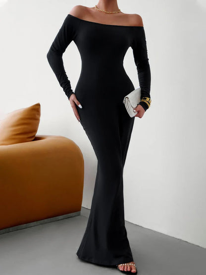 Evening Dresses- Off Shoulder Bodycon Mermaid Evening Dress - Full Length- Black- IndioGear.com