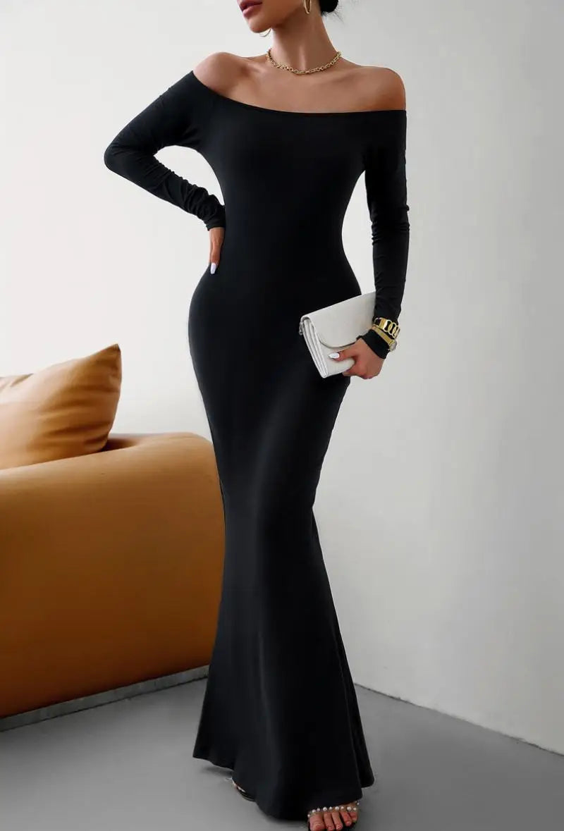 Evening Dresses- Off Shoulder Bodycon Mermaid Evening Dress - Full Length- - IndioGear.com