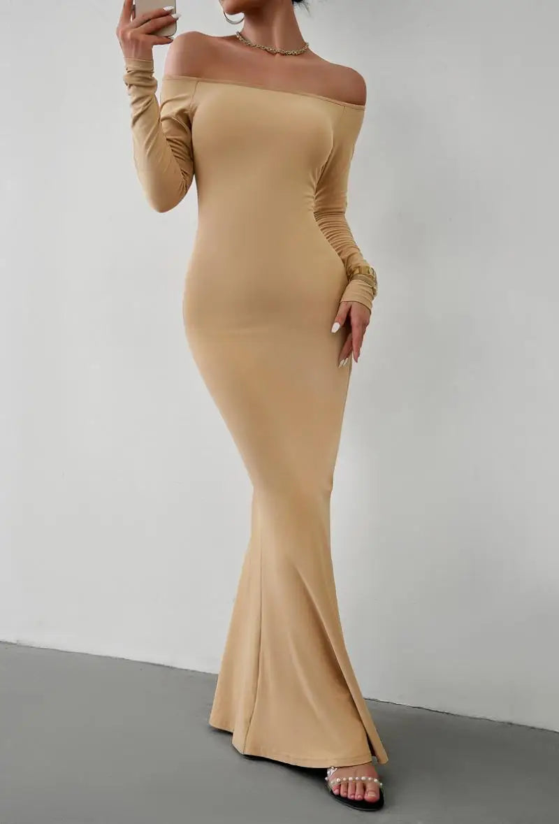 Evening Dresses- Off Shoulder Bodycon Mermaid Evening Dress - Full Length- - IndioGear.com