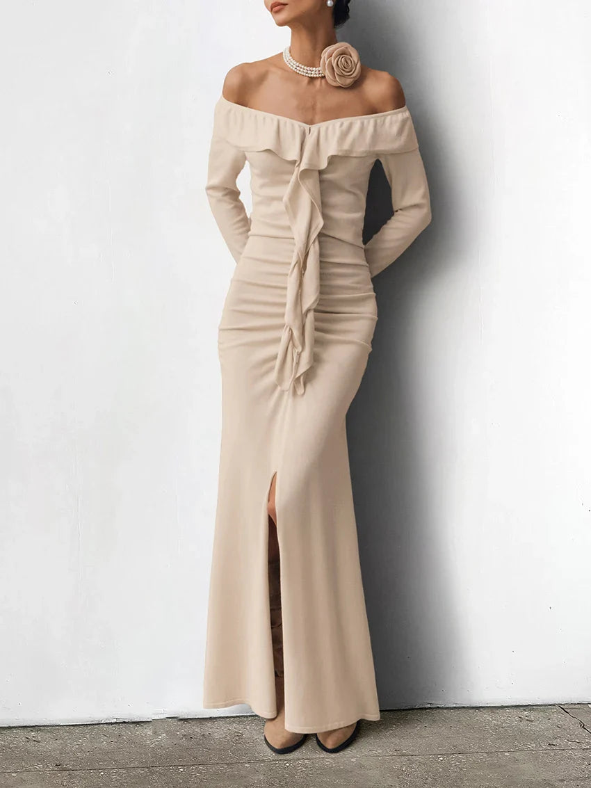 Evening Dresses- Off-Shoulder Ruffle Maxi Dress for Fall Events- - IndioGear Women Clothing