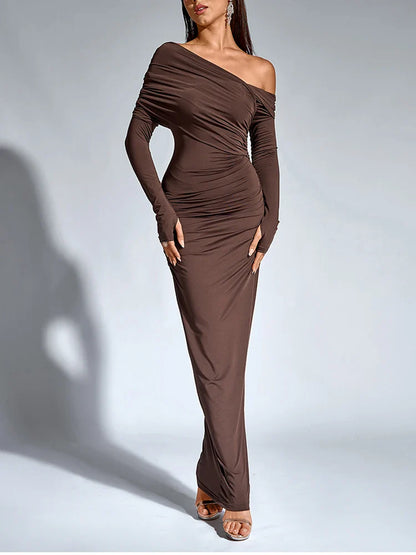 Evening Dresses- One-Shoulder Wrap Maxi Dress – Perfect for Parties- - IndioGear Women Clothing