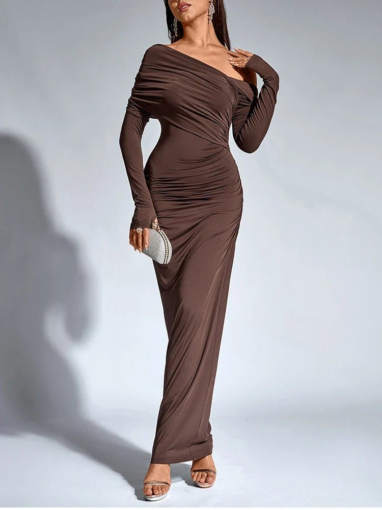 Evening Dresses- One-Shoulder Wrap Maxi Dress – Perfect for Parties- - IndioGear Women Clothing