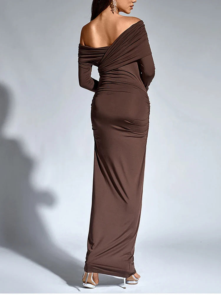 Evening Dresses- One-Shoulder Wrap Maxi Dress – Perfect for Parties- - IndioGear Women Clothing