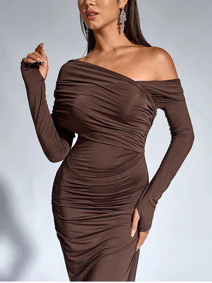 Evening Dresses- One-Shoulder Wrap Maxi Dress – Perfect for Parties- - IndioGear Women Clothing