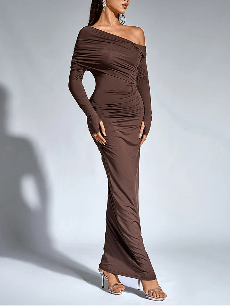 Evening Dresses- One-Shoulder Wrap Maxi Dress – Perfect for Parties- - IndioGear Women Clothing