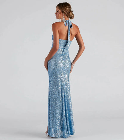 Evening Dresses- Sequin Halter Neck Backless Evening Maxi Dress Performance Event Dress- - IndioGear Women Clothing