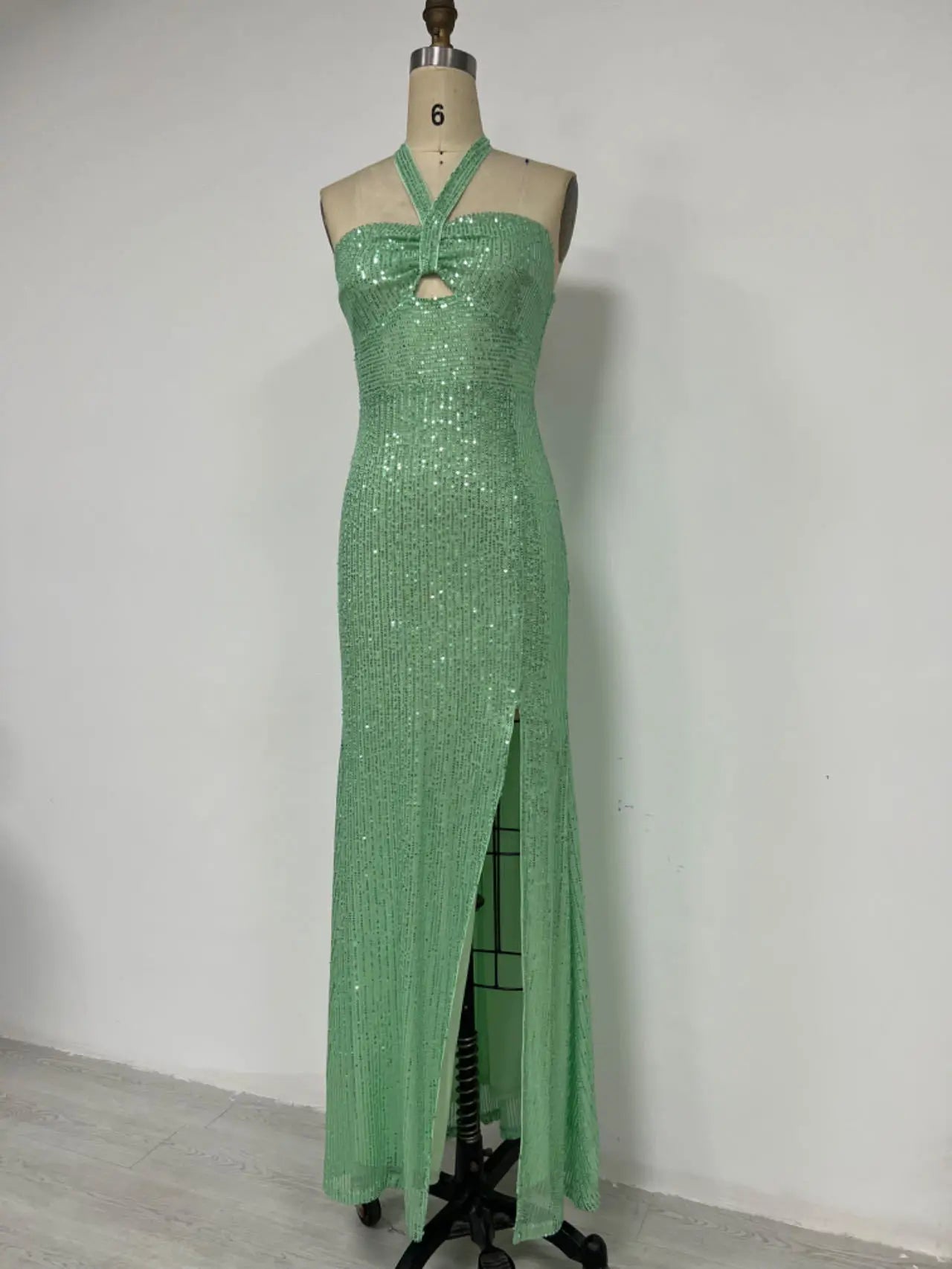 Evening Dresses- Sequin Halter Neck Backless Evening Maxi Dress Performance Event Dress- Green- IndioGear Women Clothing