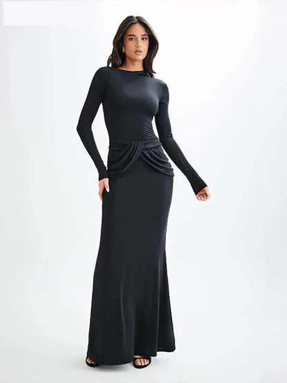 Evening Dresses- Twist Knot Asymmetrical Maxi Dress for Evenings- black- IndioGear.com