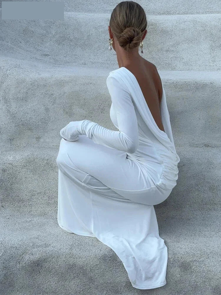 Evening Gown- Chic Cowl-Back Maxi Gown for Formal Evenings- White- IndioGear.com