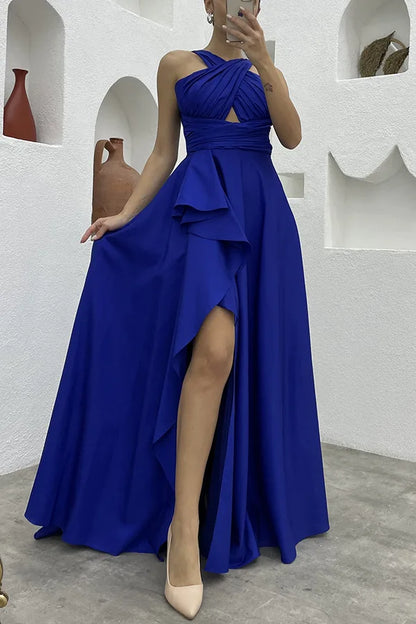 Evening Gown- Cross-Over Ruffle Slit Evening Dress 🌟👗- - IndioGear Women Clothing