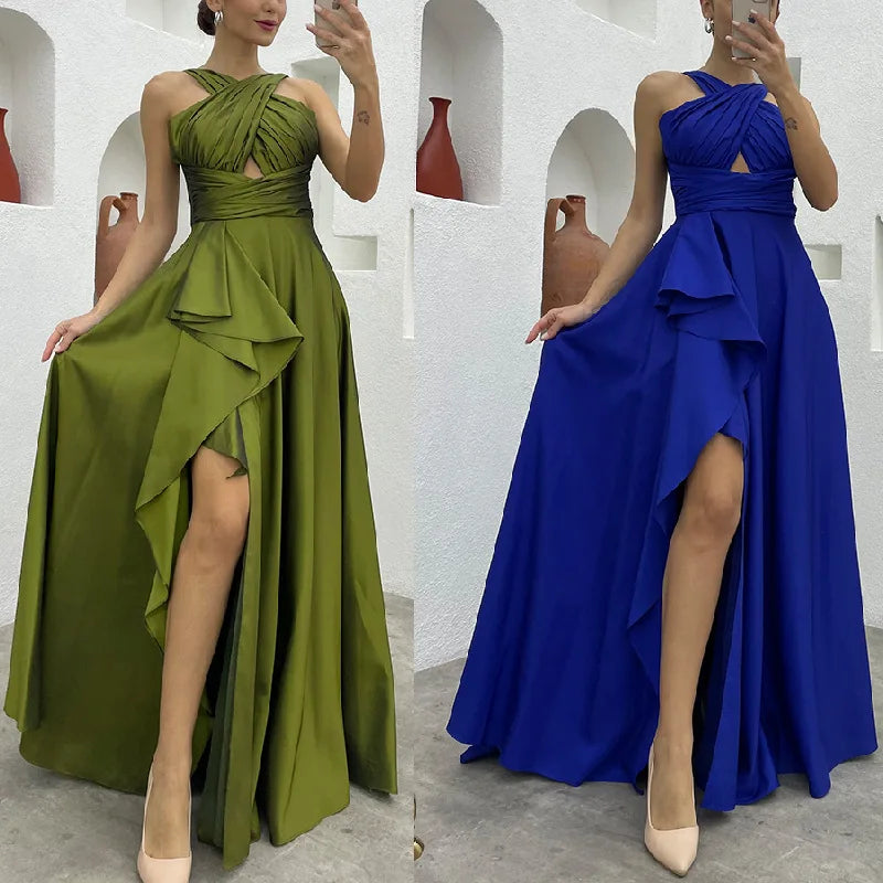 Evening Gown- Cross-Over Ruffle Slit Evening Dress 🌟👗- - IndioGear Women Clothing