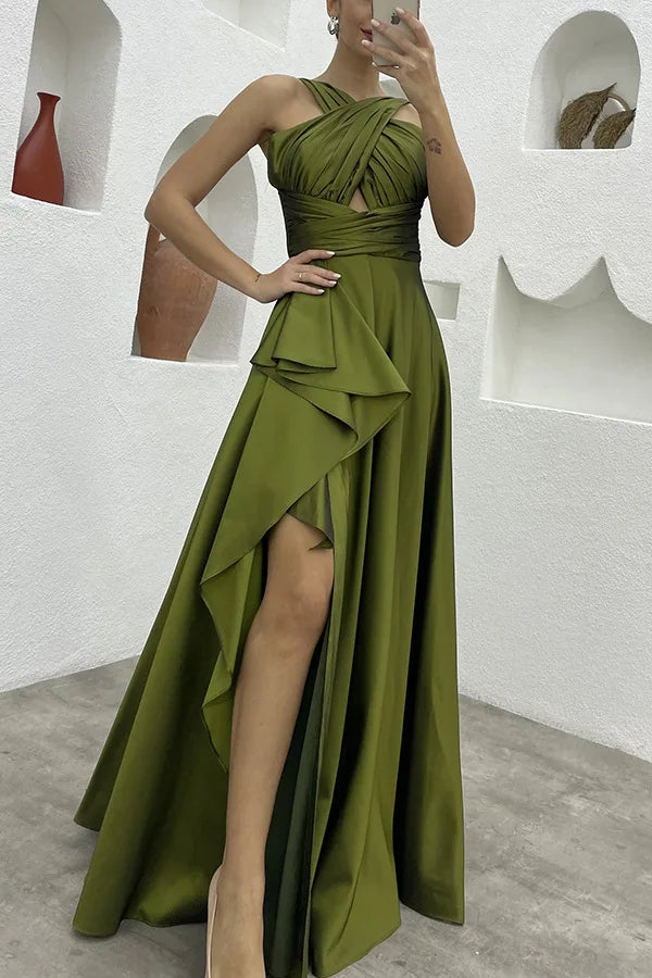 Evening Gown- Cross-Over Ruffle Slit Evening Dress 🌟👗- - IndioGear Women Clothing