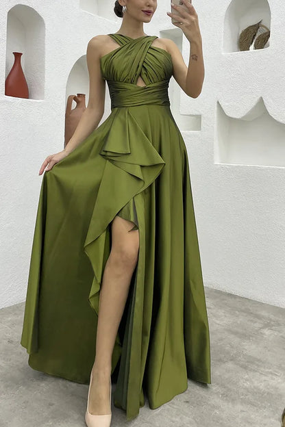 Evening Gown- Cross-Over Ruffle Slit Evening Dress 🌟👗- Army green- IndioGear Women Clothing