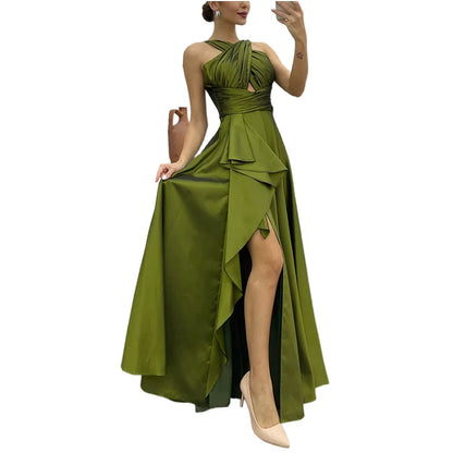 Evening Gown- Cross-Over Ruffle Slit Evening Dress 🌟👗- - IndioGear Women Clothing