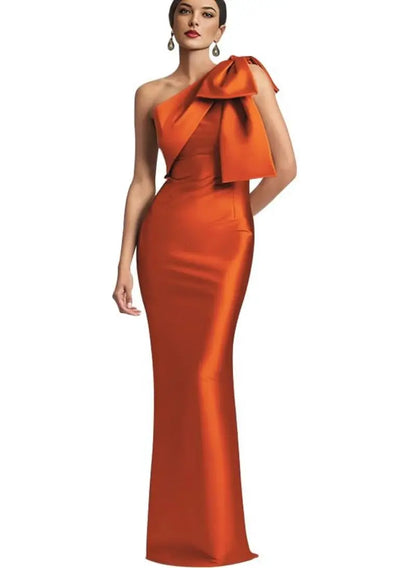 Evening Gown- Elegant One Shoulder Satin Mermaid Prom Maxi Dress Gown- Orange- IndioGear Women Clothing