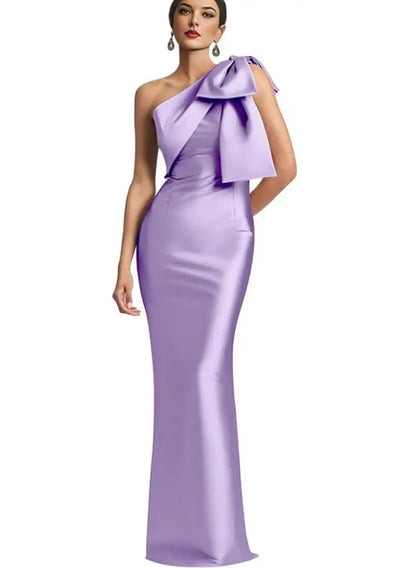 Evening Gown- Elegant One Shoulder Satin Mermaid Prom Maxi Dress Gown- Lilac- IndioGear Women Clothing