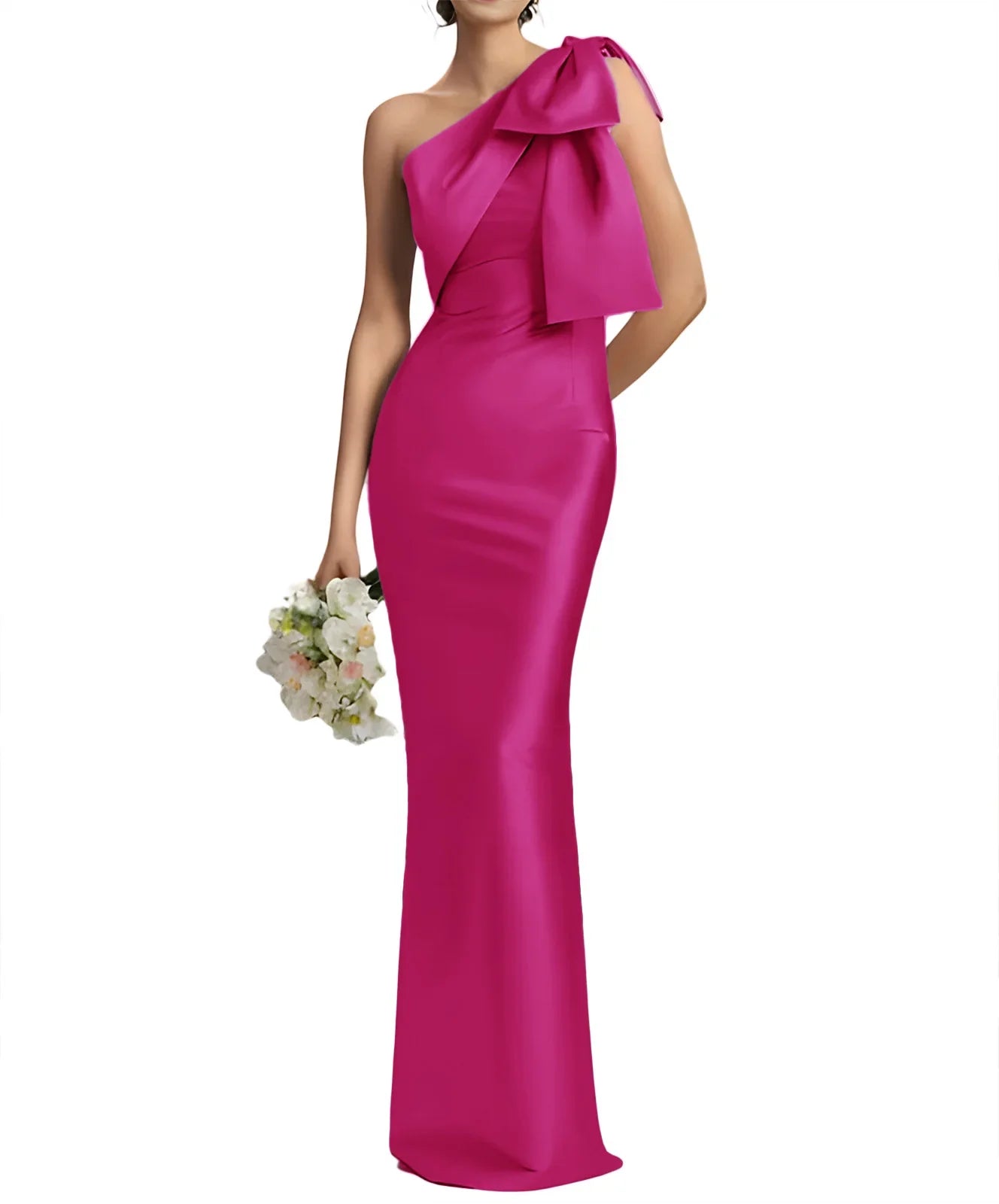 Evening Gown- Elegant One Shoulder Satin Mermaid Prom Maxi Dress Gown- Fuchsia- IndioGear Women Clothing