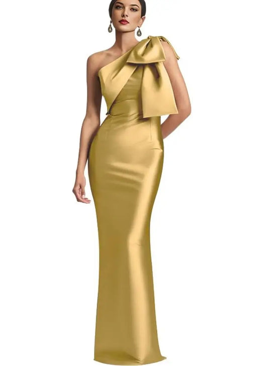 Evening Gown- Elegant One Shoulder Satin Mermaid Prom Maxi Dress Gown- Gold- IndioGear Women Clothing