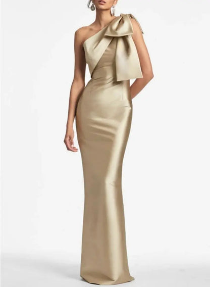 Evening Gown- Elegant One Shoulder Satin Mermaid Prom Maxi Dress Gown- Champagne- IndioGear Women Clothing