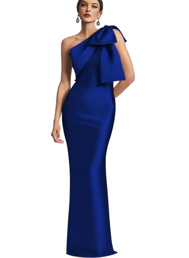 Evening Gown- Elegant One Shoulder Satin Mermaid Prom Maxi Dress Gown- Royal Blue- IndioGear Women Clothing