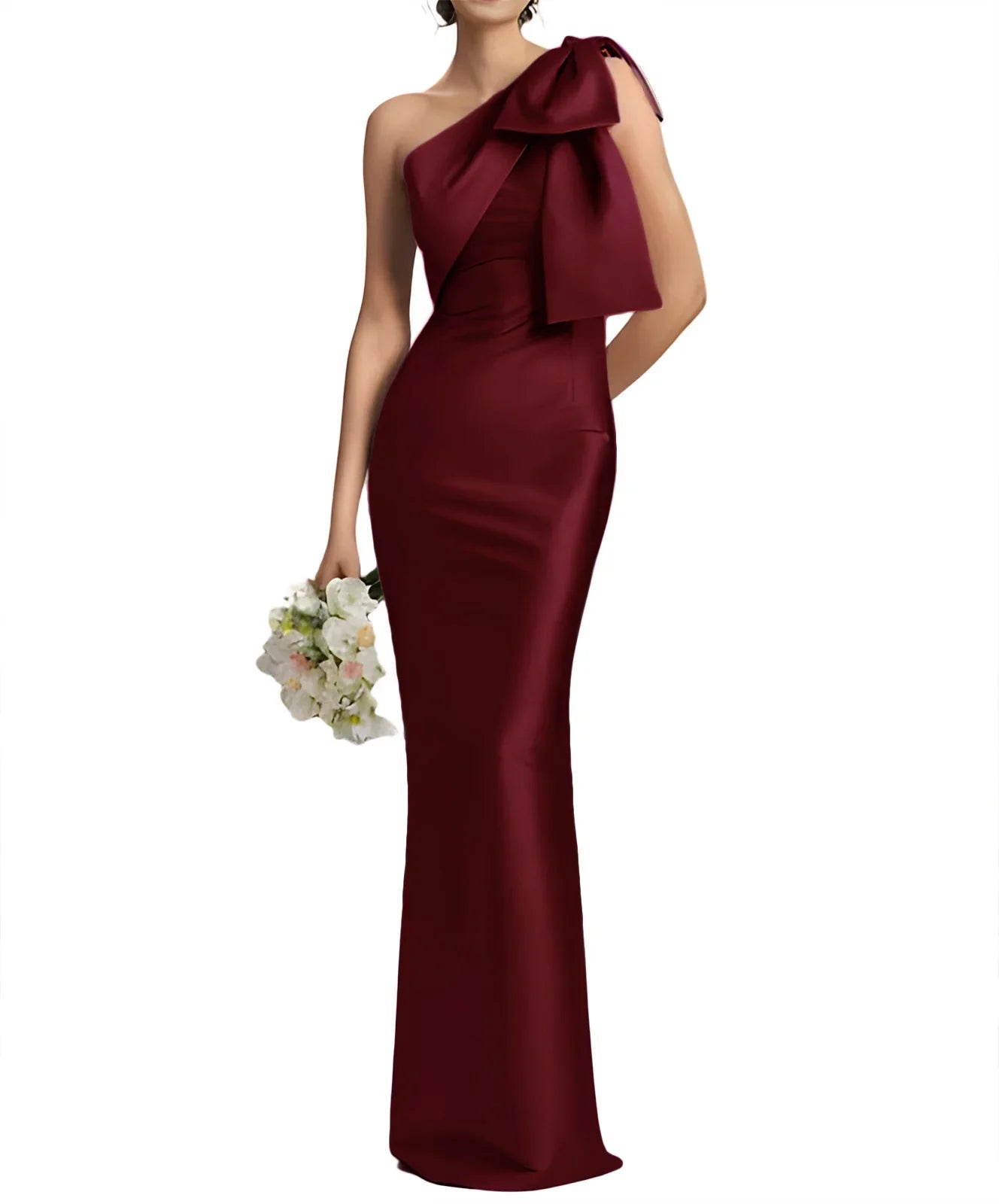 Evening Gown- Elegant One Shoulder Satin Mermaid Prom Maxi Dress Gown- Burgundy- IndioGear Women Clothing