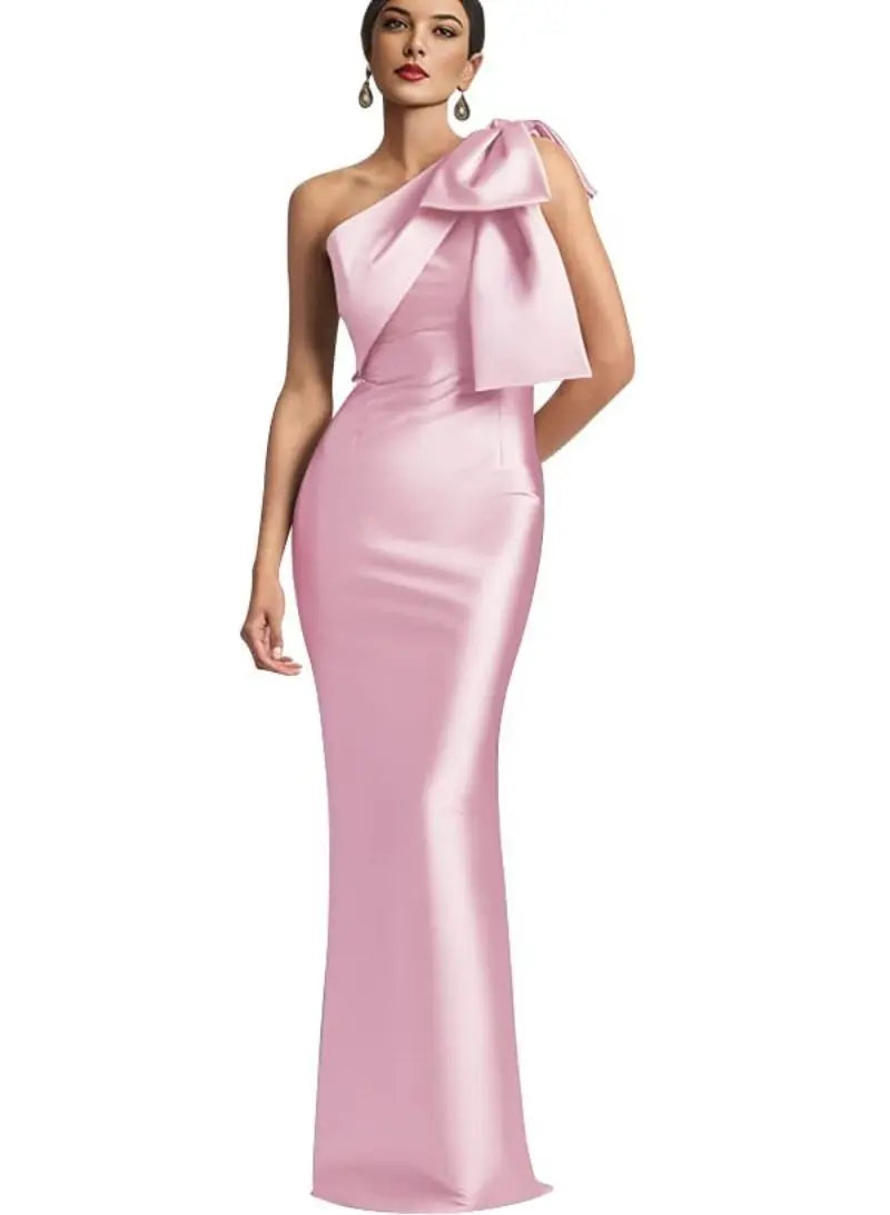 Evening Gown- Elegant One Shoulder Satin Mermaid Prom Maxi Dress Gown- Pink- IndioGear Women Clothing