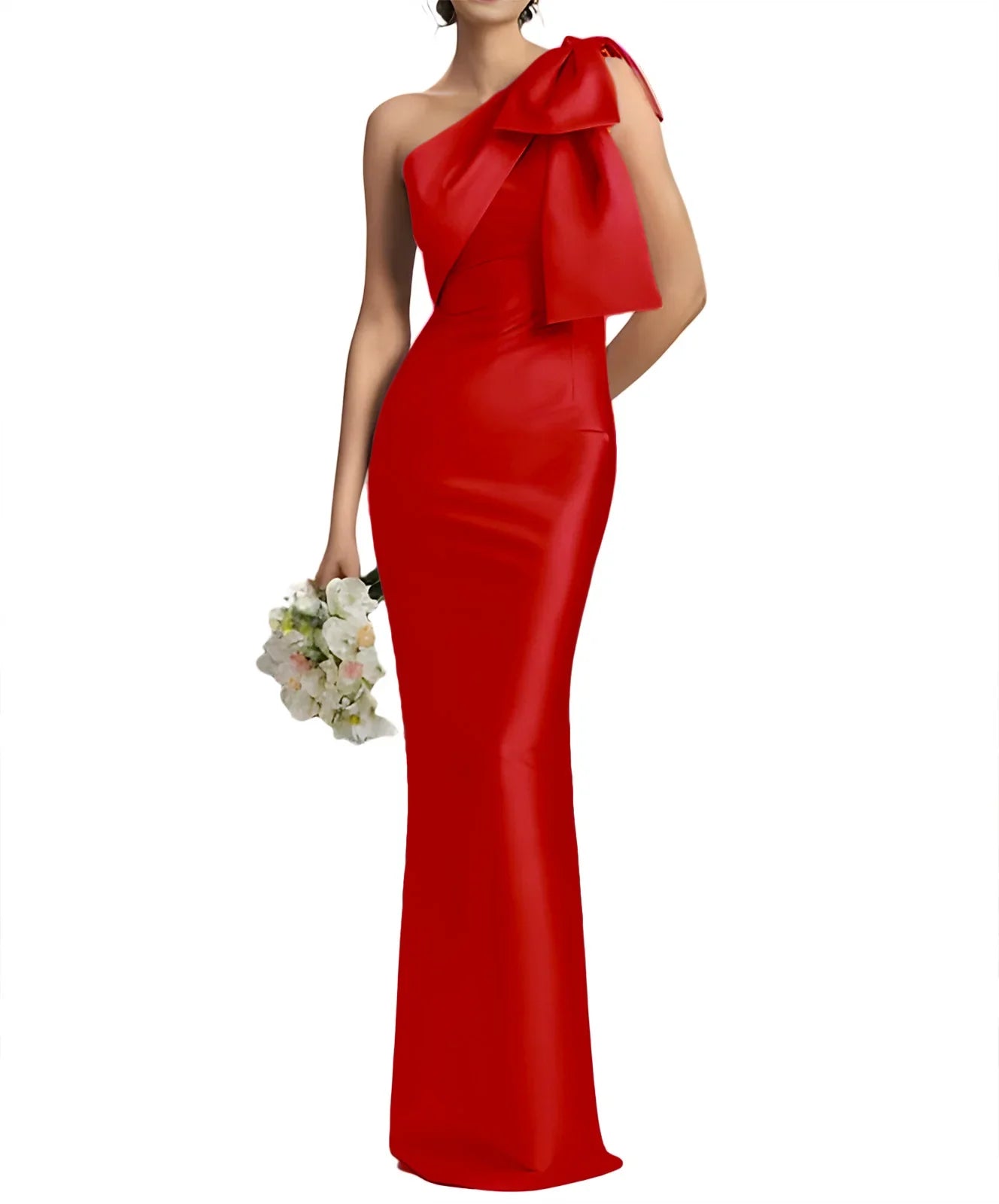 Evening Gown- Elegant One Shoulder Satin Mermaid Prom Maxi Dress Gown- Red- IndioGear Women Clothing