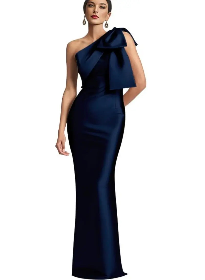 Evening Gown- Elegant One Shoulder Satin Mermaid Prom Maxi Dress Gown- Navy Blue- IndioGear Women Clothing