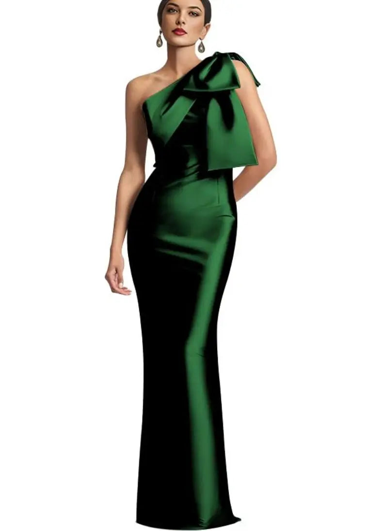 Evening Gown- Elegant One Shoulder Satin Mermaid Prom Maxi Dress Gown- Emerald Green- IndioGear Women Clothing