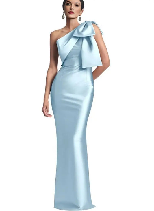 Evening Gown- Elegant One Shoulder Satin Mermaid Prom Maxi Dress Gown- Sky Blue- IndioGear Women Clothing