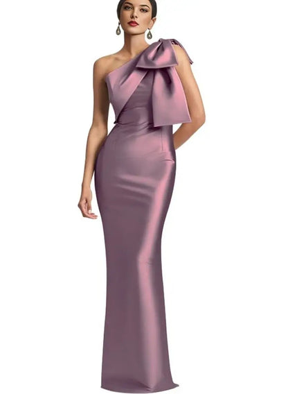 Evening Gown- Elegant One Shoulder Satin Mermaid Prom Maxi Dress Gown- Mauve- IndioGear Women Clothing