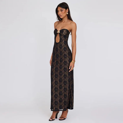 Evening Gown- Floral Lace Maxi Dress with Keyhole Detail - Elegant Fit- - IndioGear.com