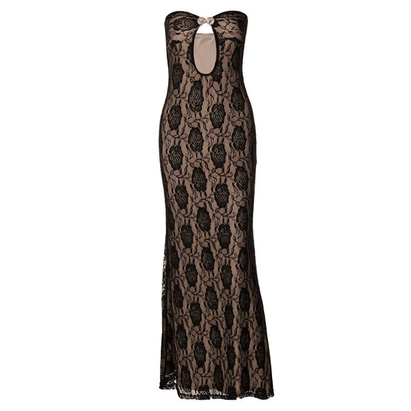 Evening Gown- Floral Lace Maxi Dress with Keyhole Detail - Elegant Fit- Black- IndioGear.com