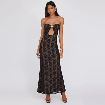 Evening Gown- Floral Lace Maxi Dress with Keyhole Detail - Elegant Fit- - IndioGear.com