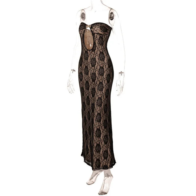 Evening Gown- Floral Lace Maxi Dress with Keyhole Detail - Elegant Fit- - IndioGear.com