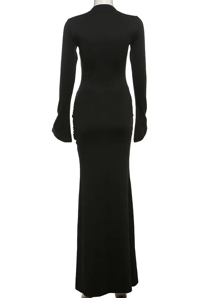 Evening Gown- Formal Mermaid Black Ruched Waist Maxi Gown- - IndioGear.com