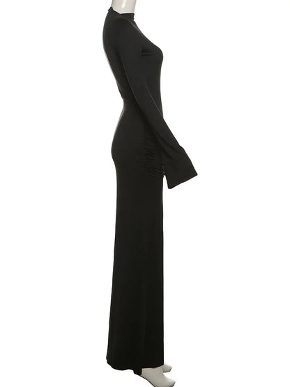 Evening Gown- Formal Mermaid Black Ruched Waist Maxi Gown- - IndioGear.com