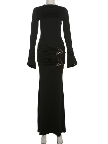 Evening Gown- Formal Mermaid Black Ruched Waist Maxi Gown- - IndioGear.com