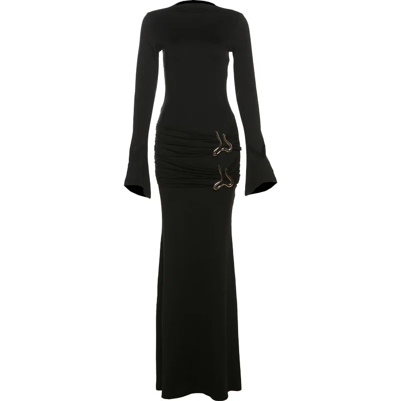 Evening Gown- Formal Mermaid Black Ruched Waist Maxi Gown- - IndioGear.com