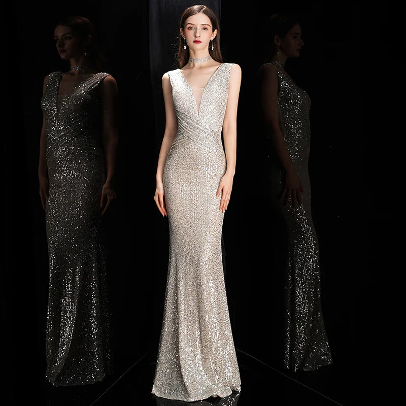 Evening Gown- Glamorous V Neck Sequin Mermaid Bodycon Maxi Dress for Evening Events ✨- champagne silver- IndioGear Women Clothing