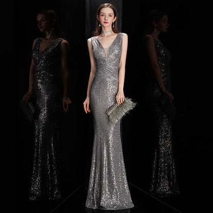 Evening Gown- Glamorous V Neck Sequin Mermaid Bodycon Maxi Dress for Evening Events ✨- Gray- IndioGear Women Clothing