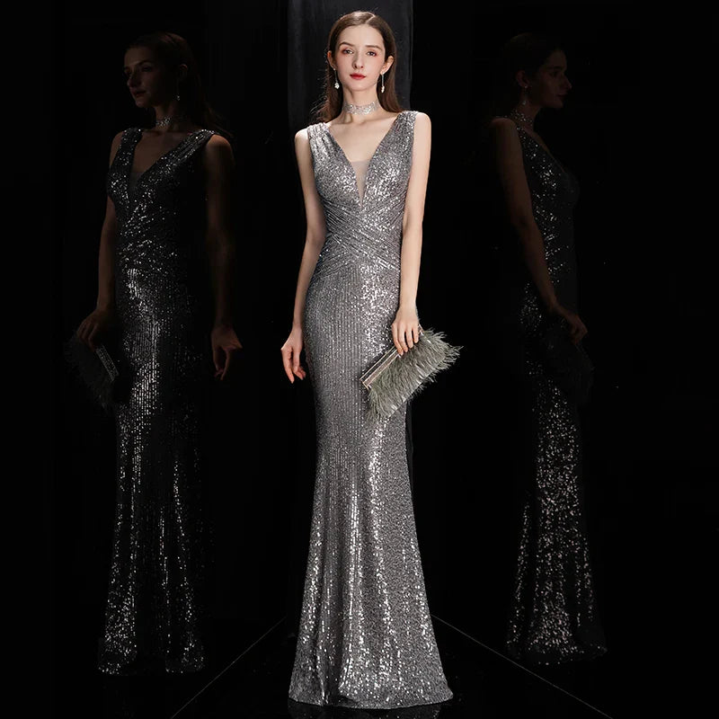 Evening Gown- Glamorous V Neck Sequin Mermaid Bodycon Maxi Dress for Evening Events ✨- - IndioGear Women Clothing