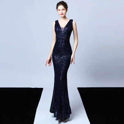 Evening Gown- Glamorous V Neck Sequin Mermaid Bodycon Maxi Dress for Evening Events ✨- Navy Blue- IndioGear Women Clothing