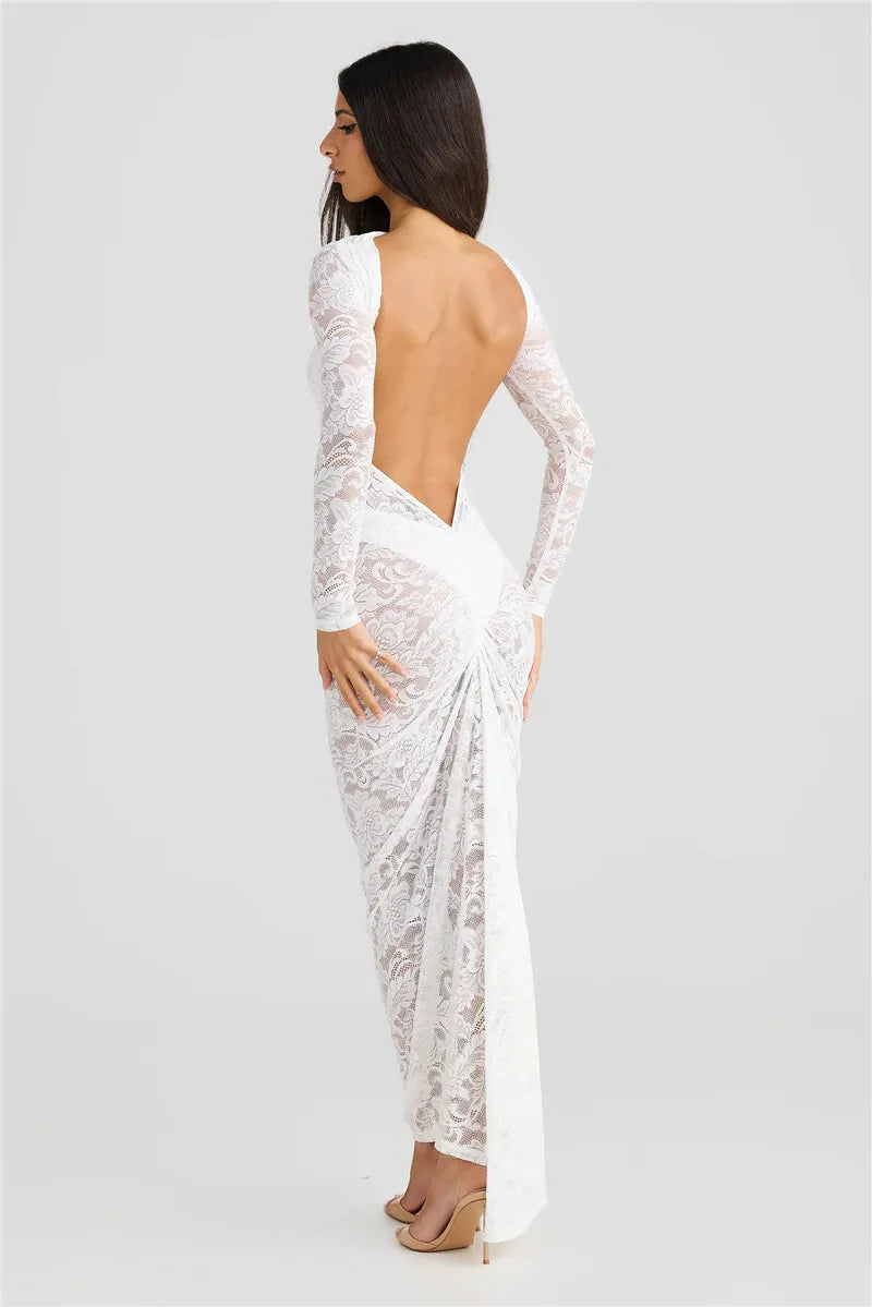 Evening Gown- See Through Lace Maxi Gown- - IndioGear Women Clothing