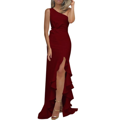 Evening Gown- One Shoulder Ruched Ruffle Formal Evening Maxi Dress- - IndioGear Women Clothing