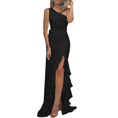 Evening Gown- One Shoulder Ruched Ruffle Formal Evening Maxi Dress- - IndioGear Women Clothing